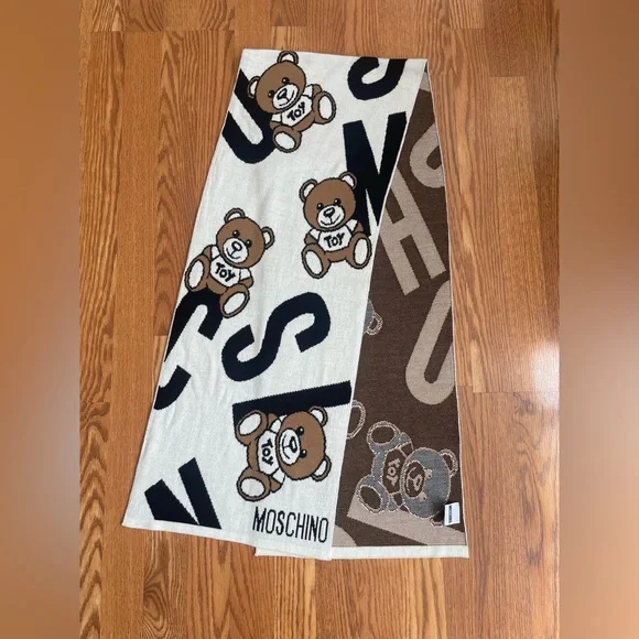 Moschino Teddy Bear Scarf Knit Logo Shawl Brown White - Picture 1 of 5